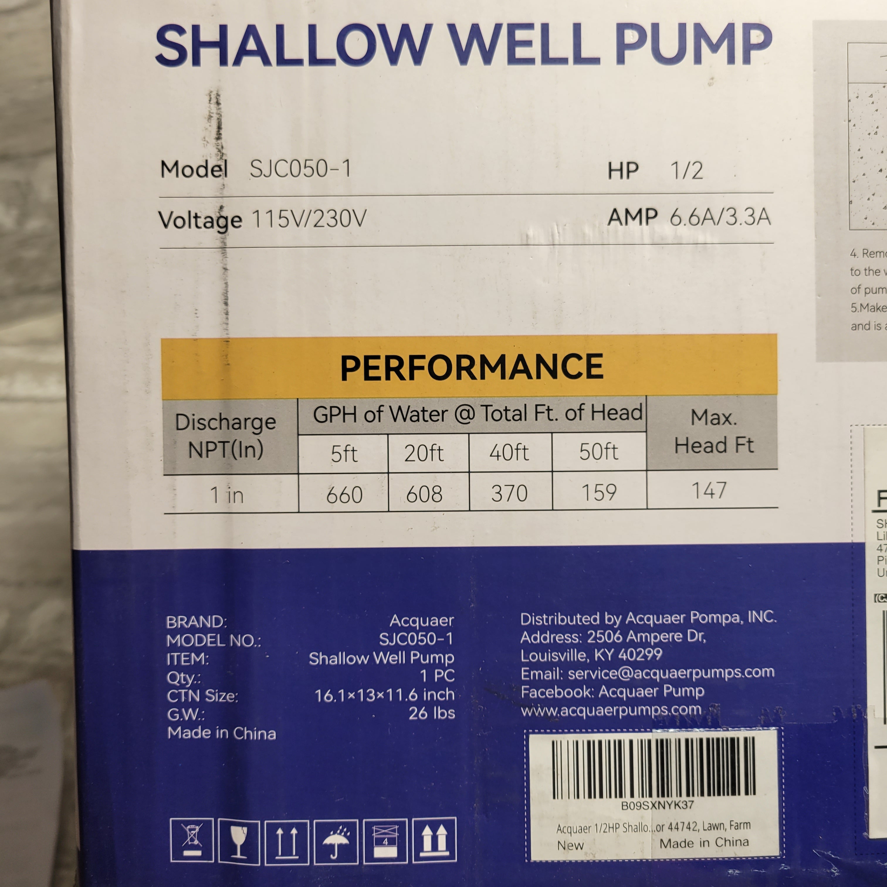 Acquaer 1/2HP Shallow Well Jet Pump, Cast Iron, Well Depth Up to 25ft (8030985912558)